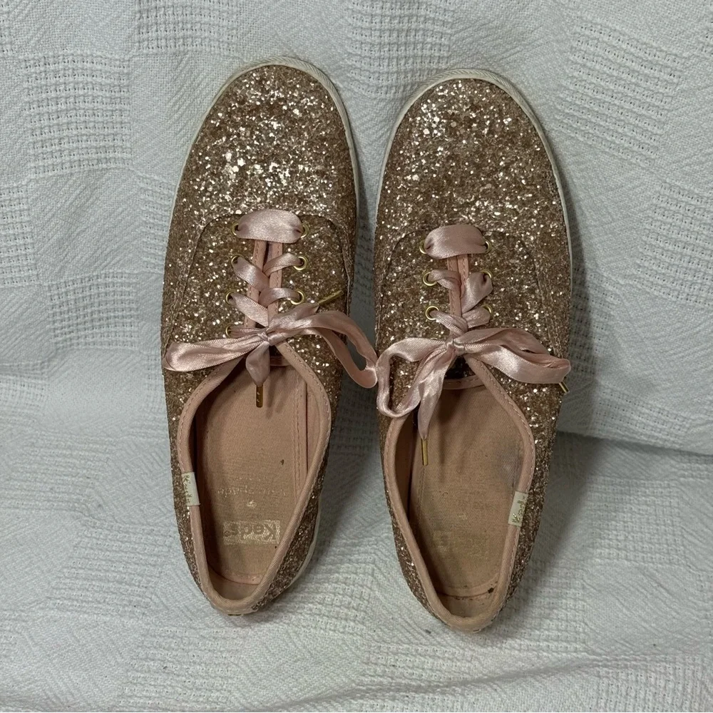 Keds X Kate Spade Sneaker Women's Size 8.5 Champion Glitter Rose Gold Satin Lace